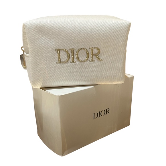 DIOR NIB Creme White Denim Cosmetic Case Pouch Makeup Bag Metallic Gold LOGO - Picture 1 of 5